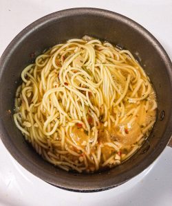 homemade spicy ramen in pot