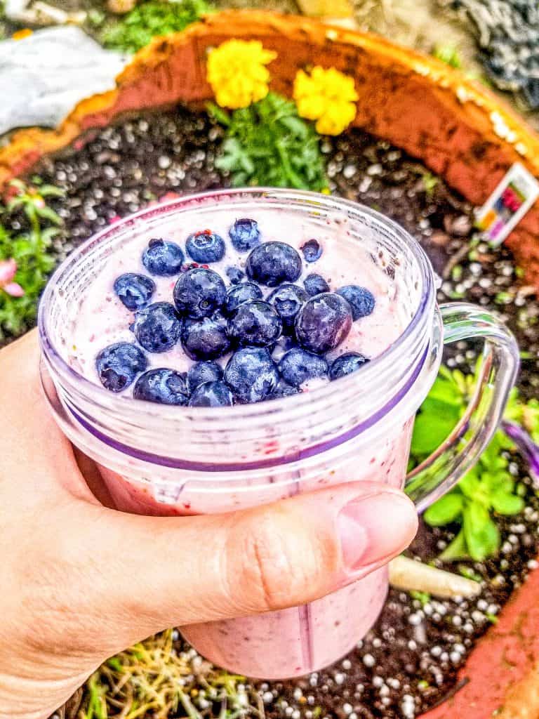 strawberry blueberry smoothie with flowers in the background.