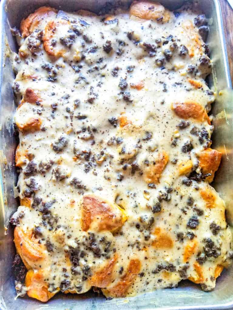biscuits and gravy bake from top view. 
