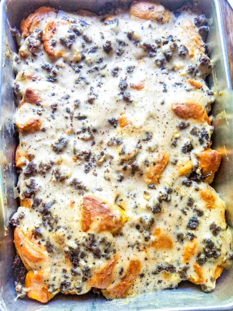 biscuits and gravy bake from top view.