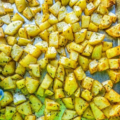 breakfast potato cubes on a baking sheet