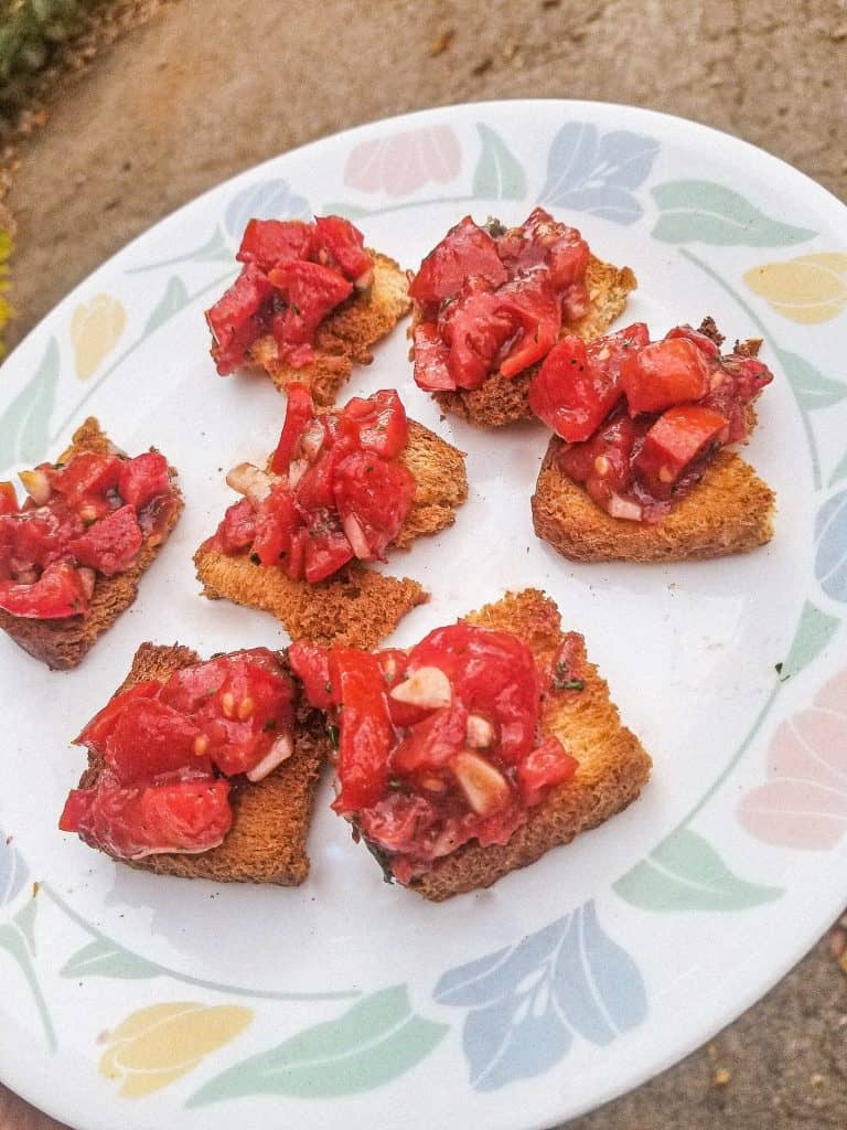 bruschetta with bread on a plate.