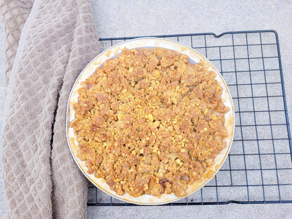 whole crustless apple pie from top view.