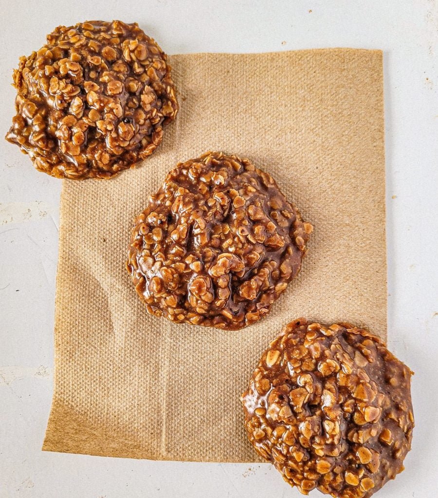 no bake cookies on a brown napkin. 