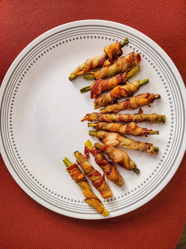 inline of air fryer bacon wrapped asparagus