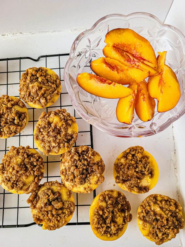 top view of peach cobbler muffins.