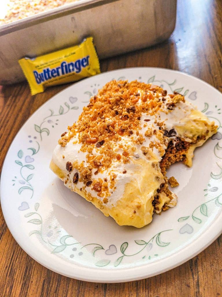 butterfinger dessert on a white plate.