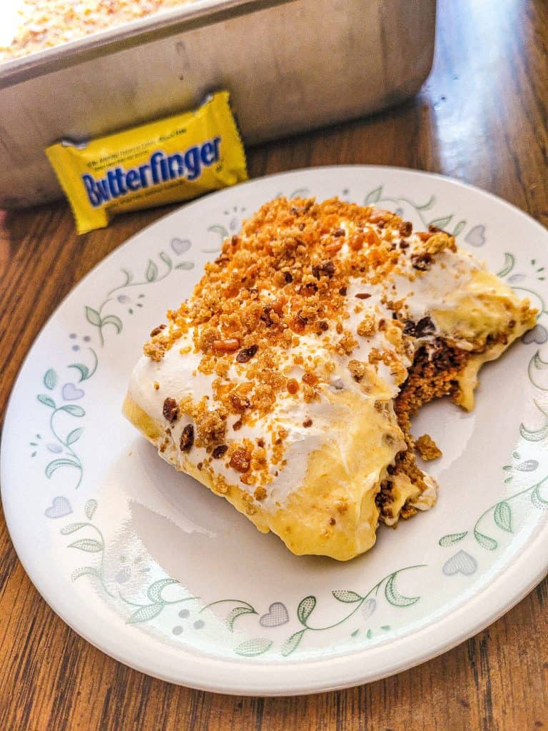 butterfinger dessert on a white plate. 