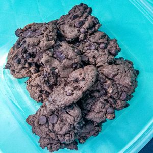 double chocolate cookies with a blue backgroun