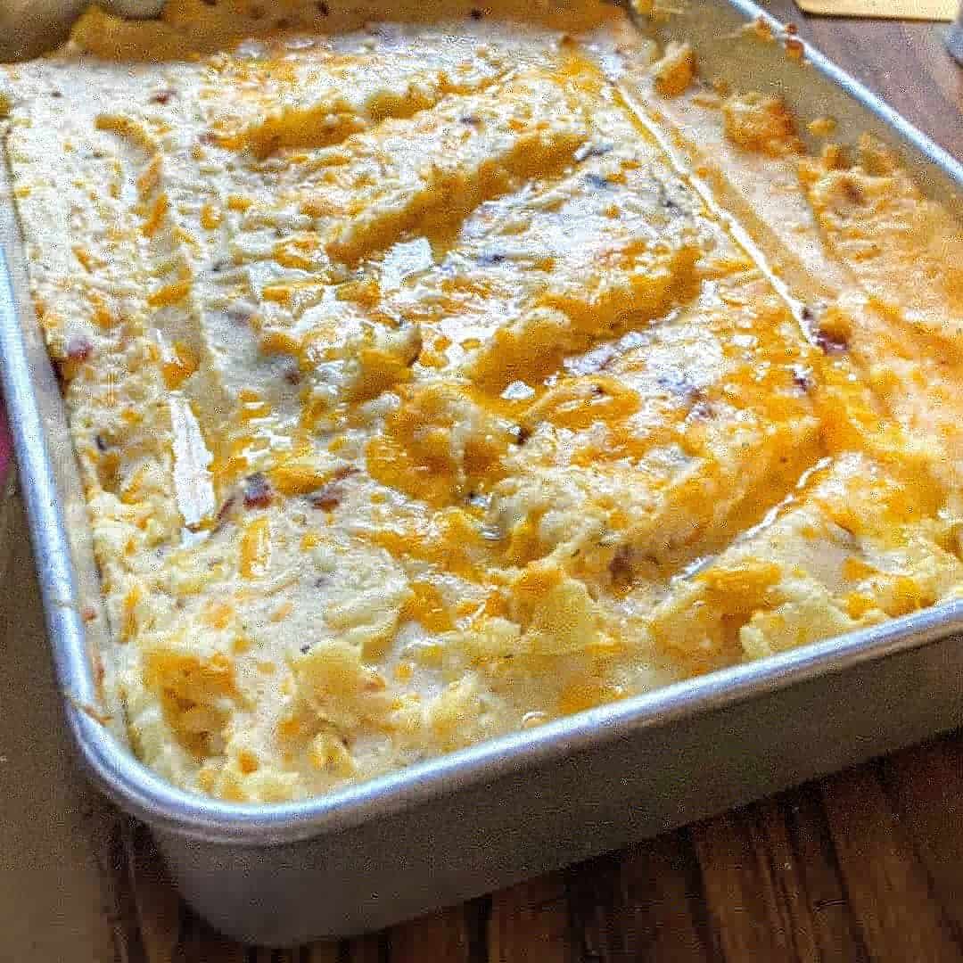 Loaded Mashed Potatoes in a pan