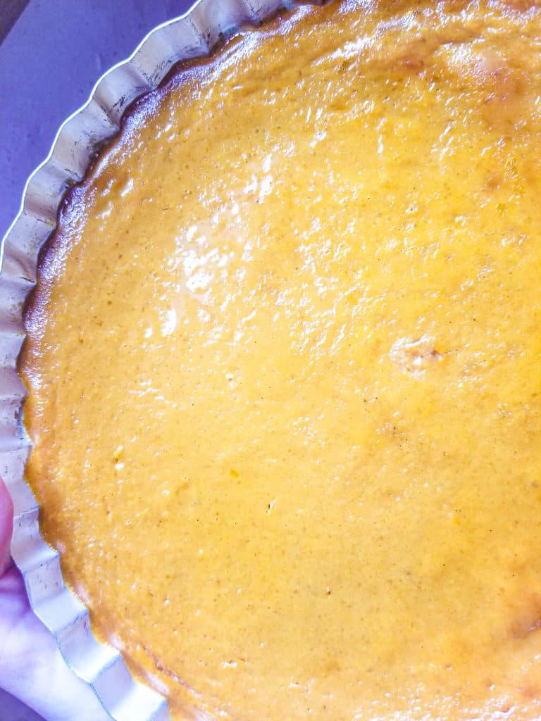 crustless pumpkin pie in a pan.