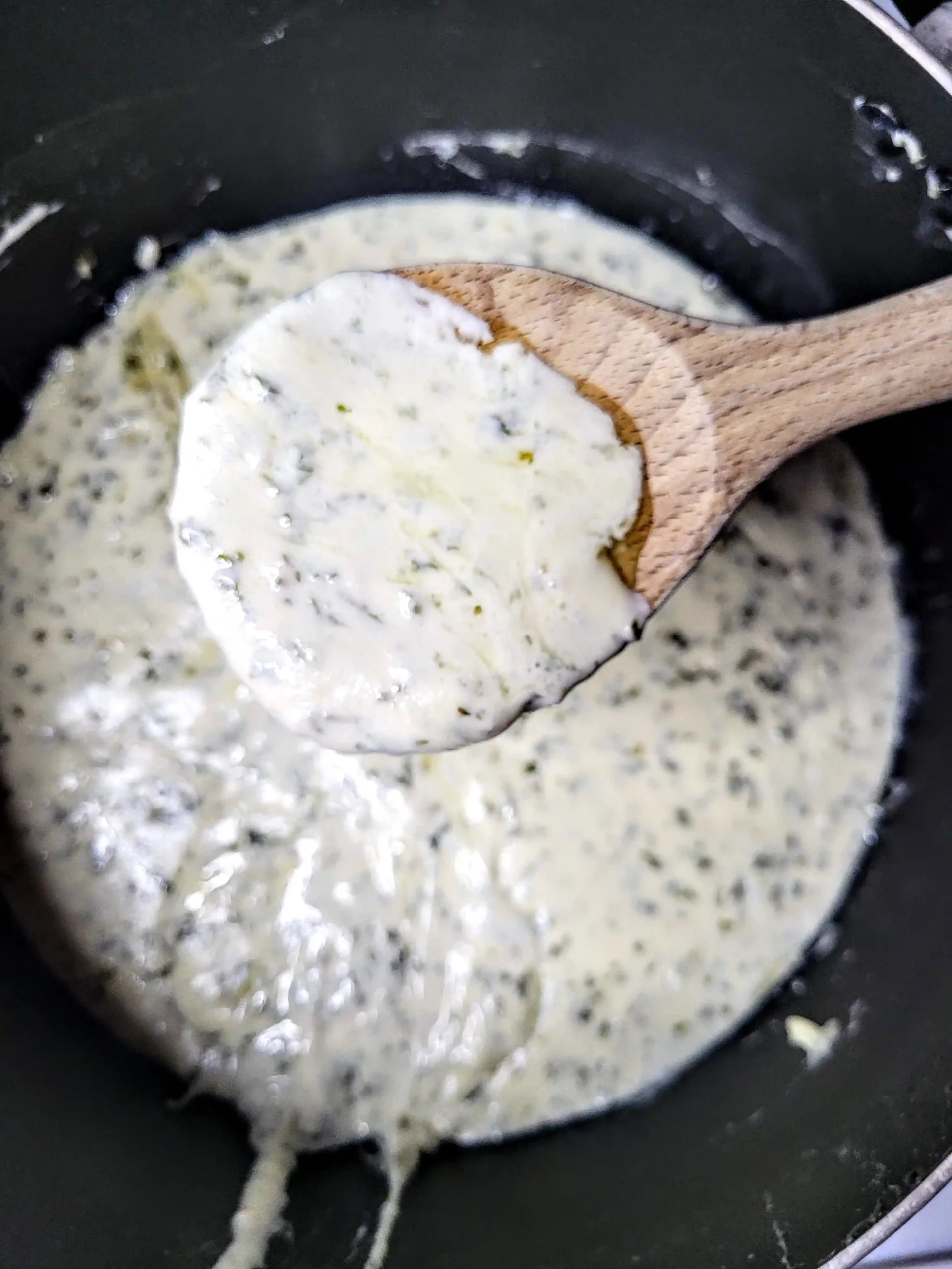 alfredo sauce with spoon on top.