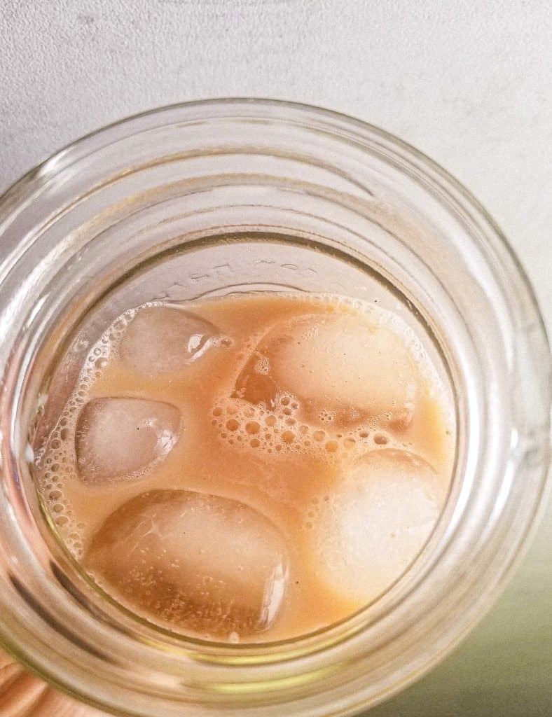 iced chai tea latte from top view. 