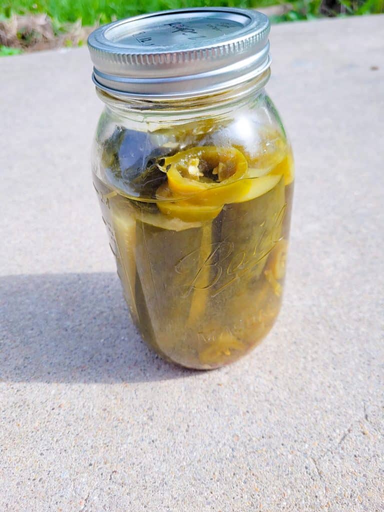 pickles in a jar up close on cement. 