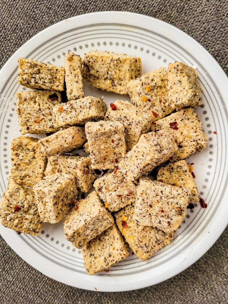 top view of air fryer salt and pepper tofu.