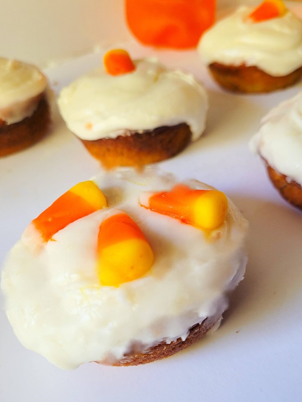 halloween candy corn cupcakes up close.