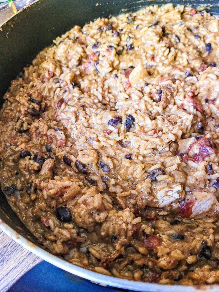 chicken burrito skillet in side view. 