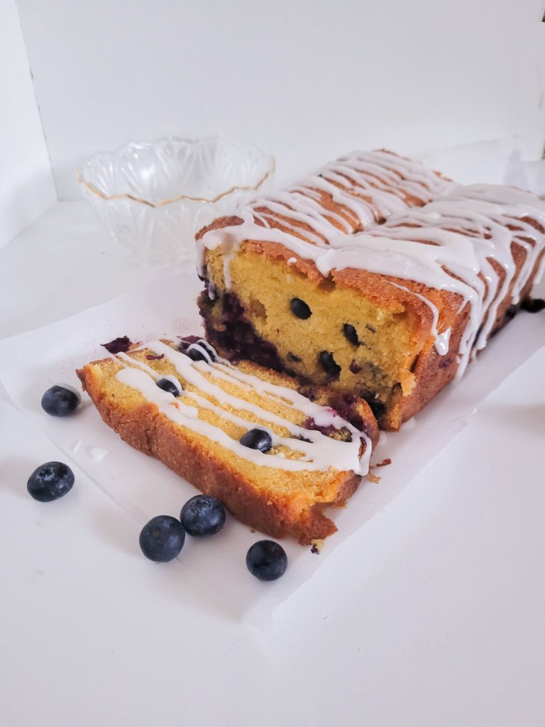 blueberry pound cake sliced open. 