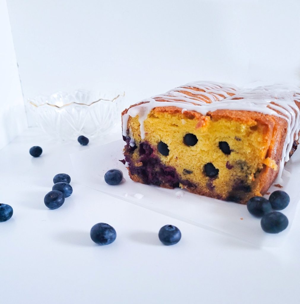 blueberry pound cake side view.