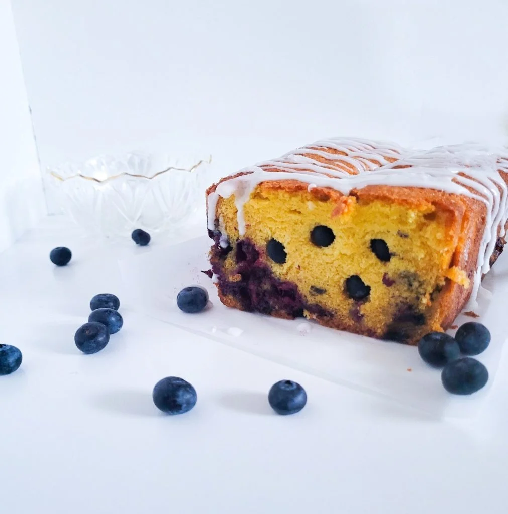blueberry pound cake side view.