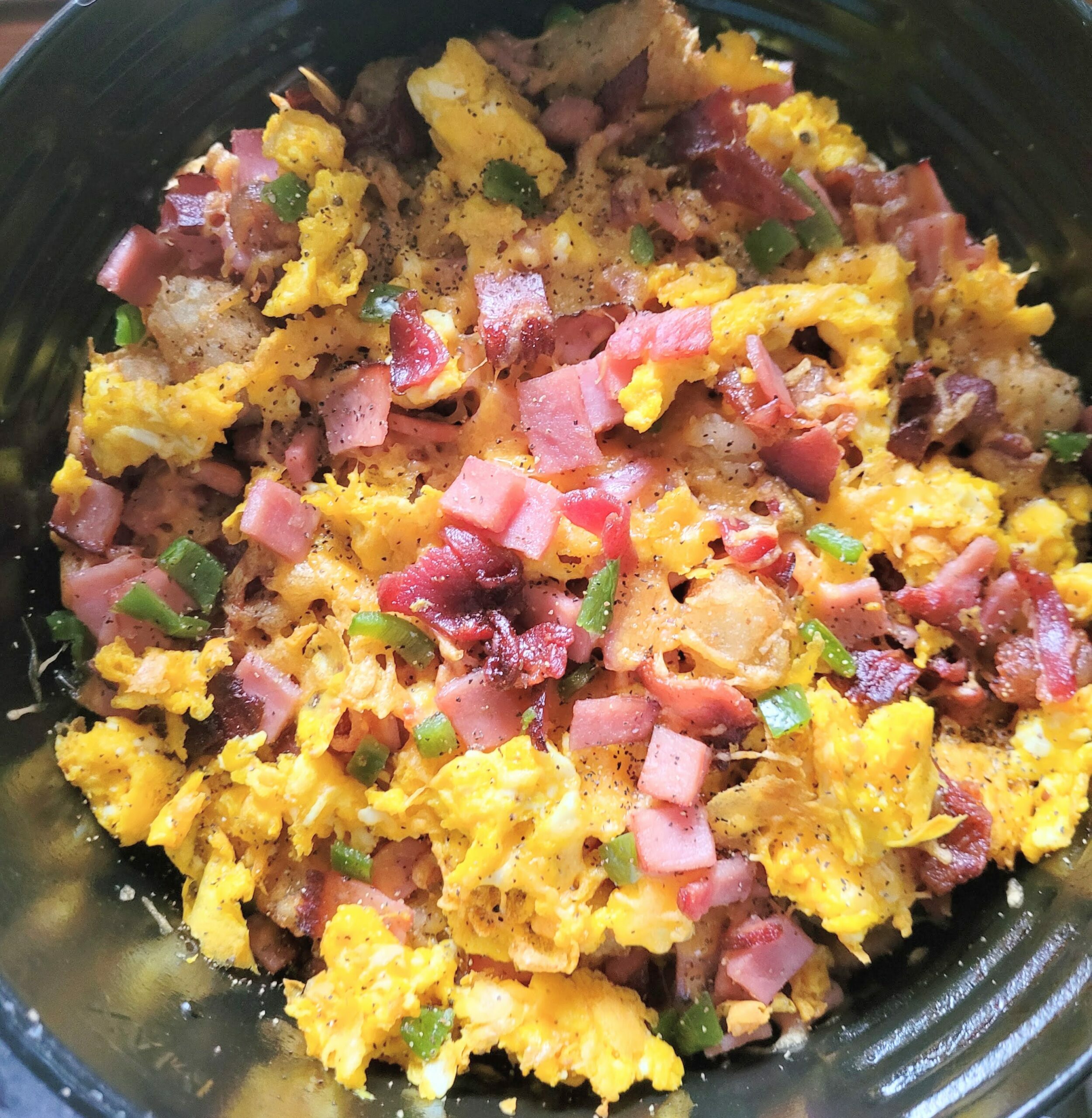 breakfast nachos in air fryer from birds eye view.