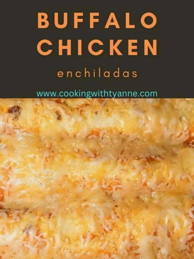 Title slide of web story for buffalo chicken enchiladas.