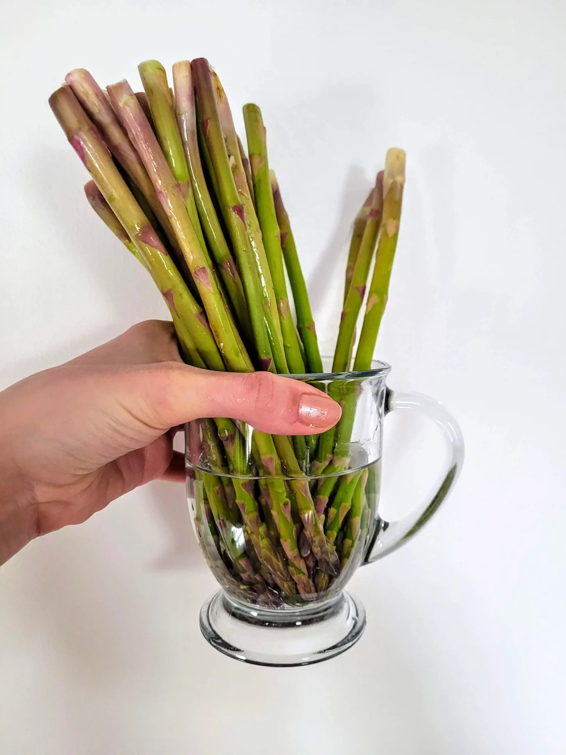 Asparagus upside down in a clear class of water.