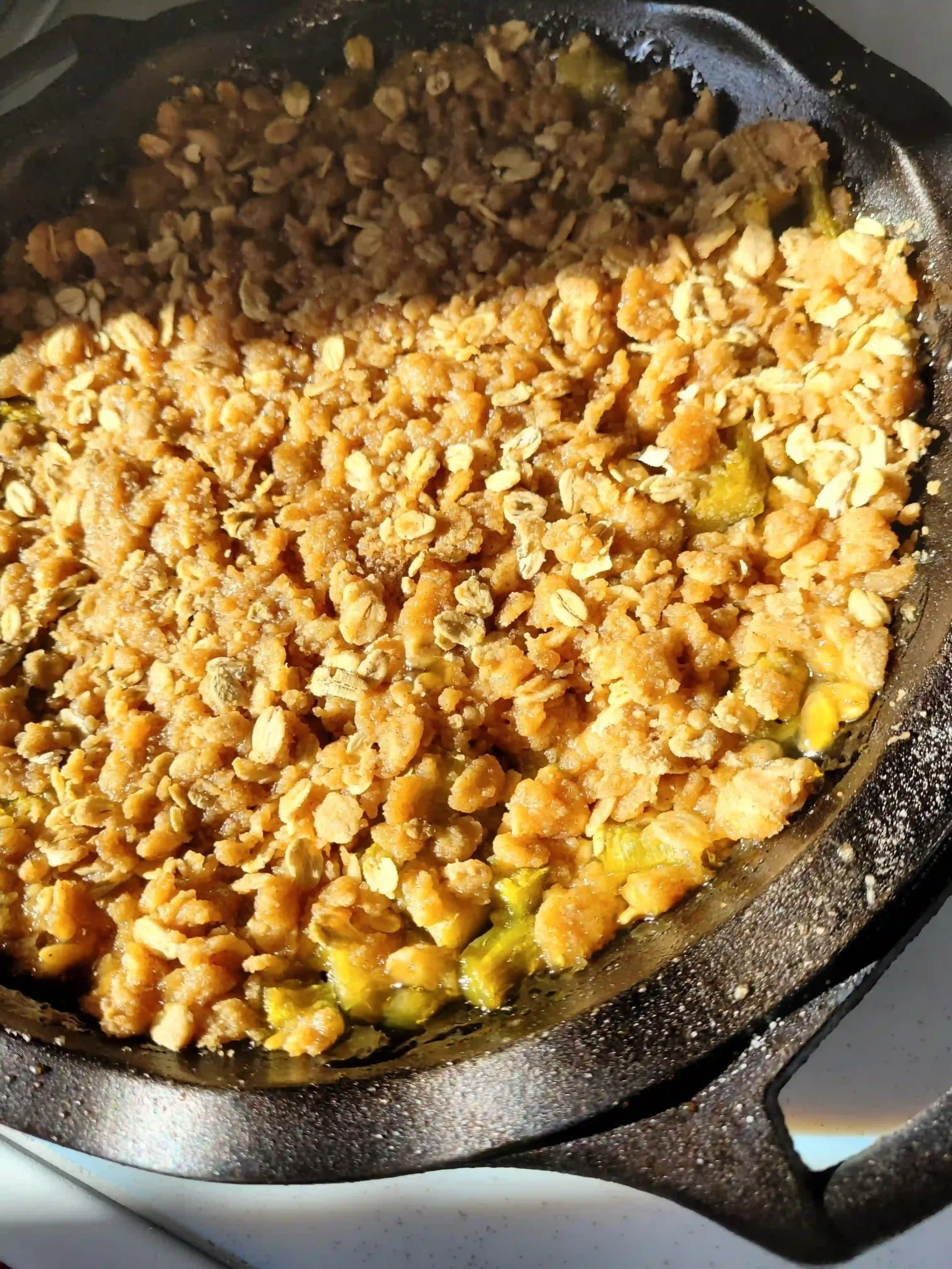 Side angle of baked rhubarb crisp.