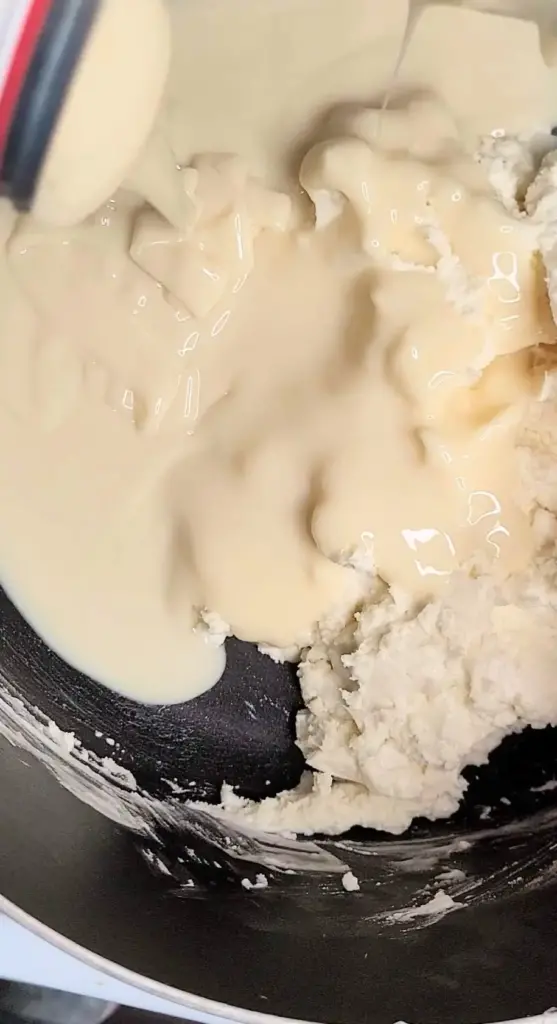 Sweetened condensed milk being poured in pot.